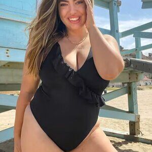 NEW ASOS DESIGN CURVE FRILL PLUNGE FRONT & BACK SWIMSUIT BLACK SIZE 14 MSRP $37